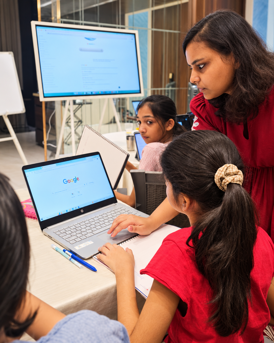 A mentor leaning over to guide a girl working on a laptop at a workshop table